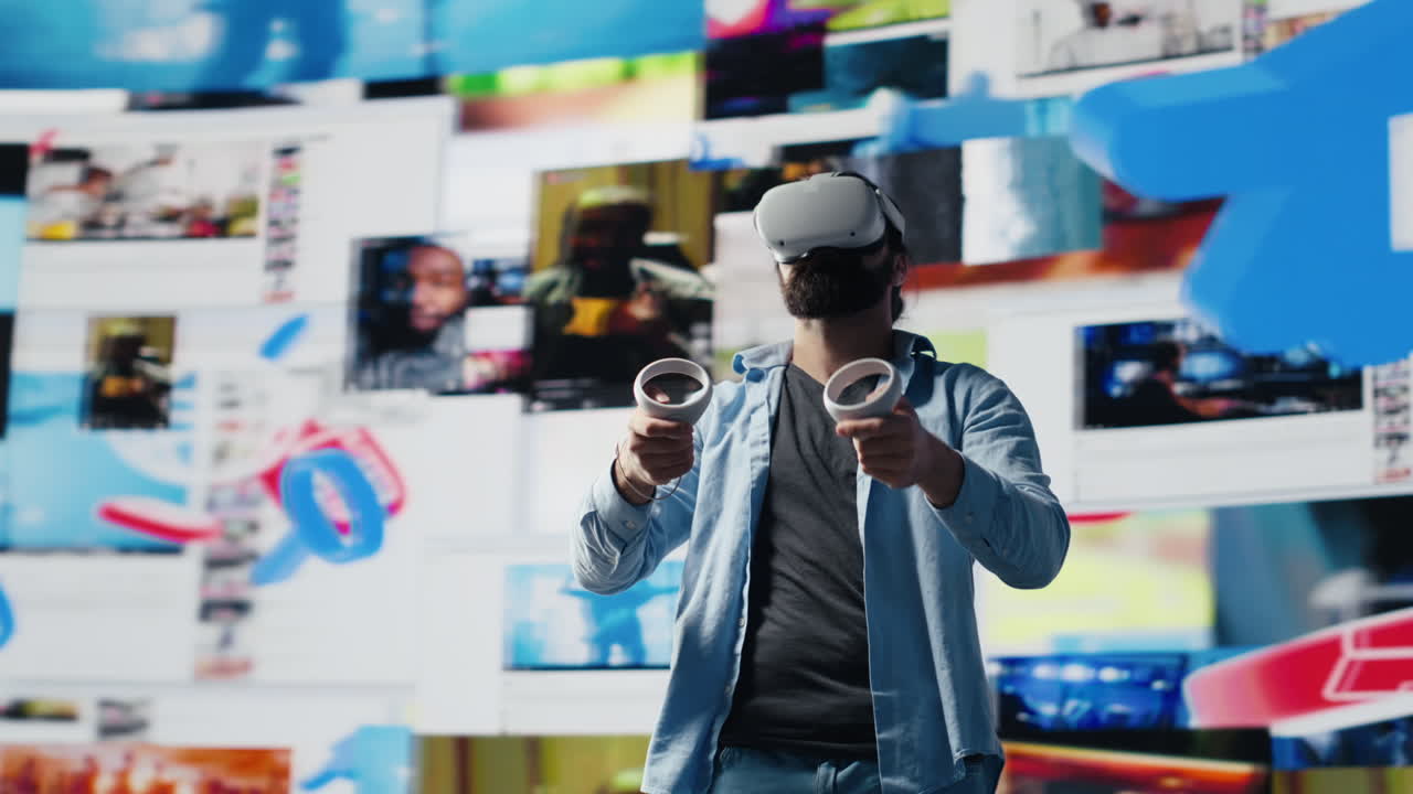 Modern cool man uses virtual reality glasses for a 3d web connection