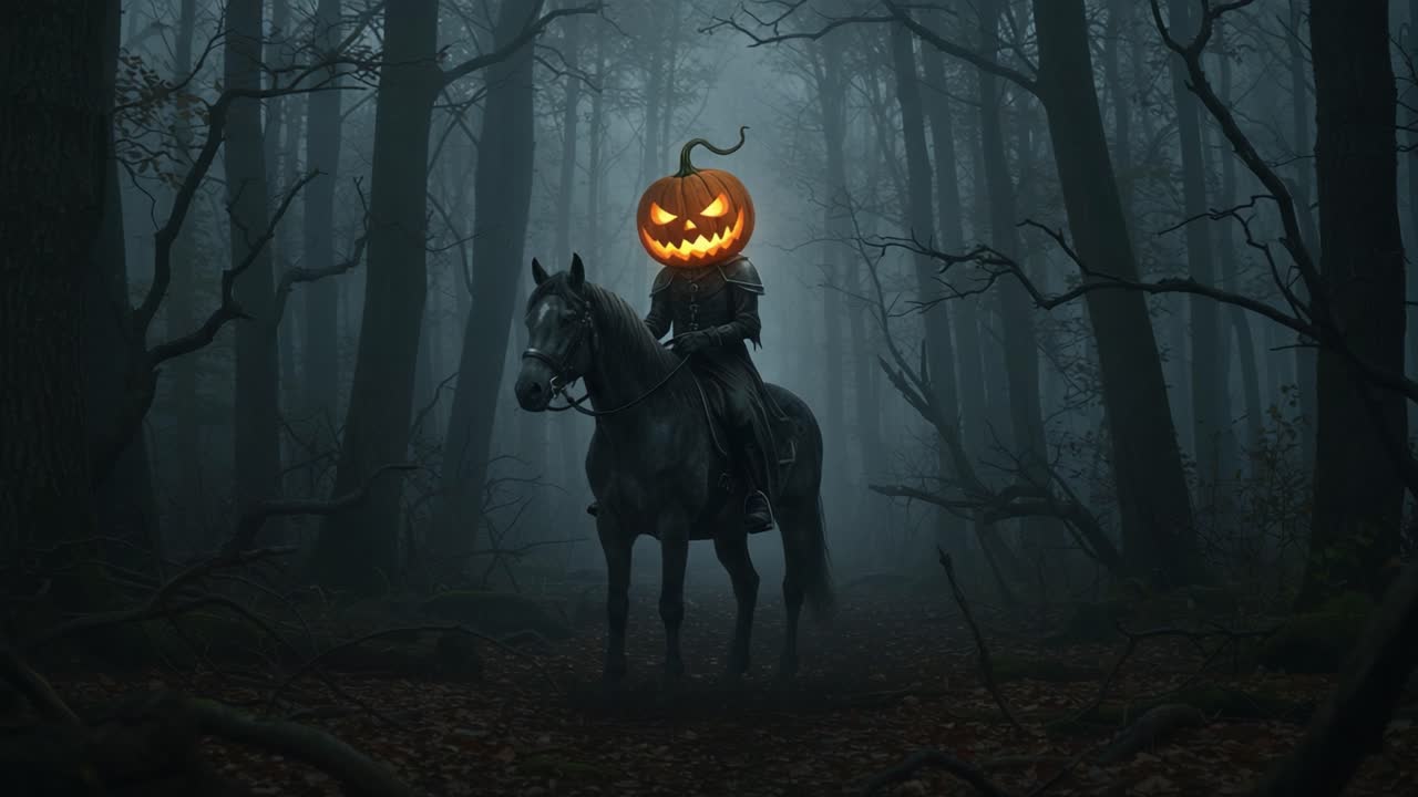 Eerie Forest Encounter: A Sinister Rider with a Jack-O'-Lantern Head on a Ghostly Horse in the Haunted Woods During a Foggy Night