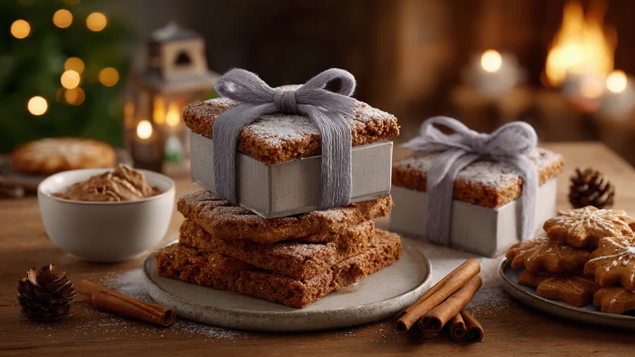 Ein wunderschönes Arrangement festlicher Leckereien: Köstlich dekorierte Geschenkboxen auf einem Teller, umgeben von Keksen, Gewürzen und warmem Umgebungslicht für festliche Stimmung