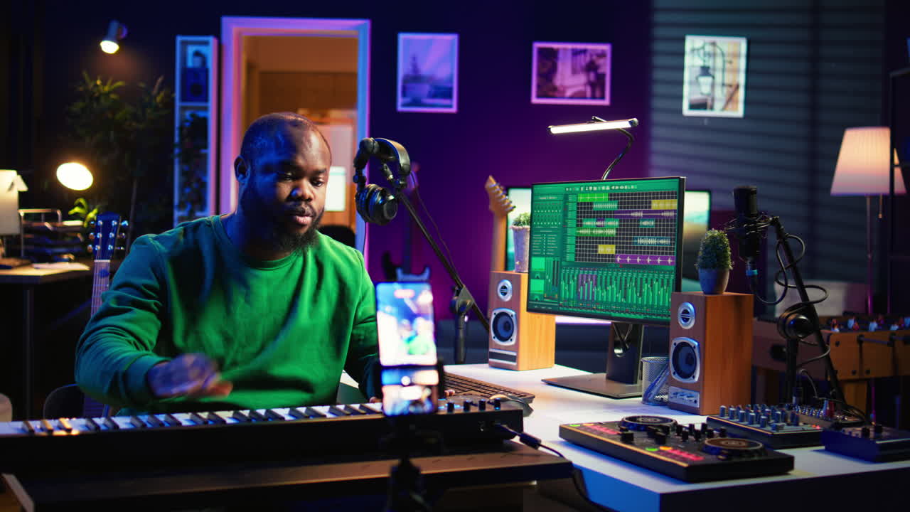 profesor de piano organizando lecciones en línea para todos los principiantes personas en las redes sociales