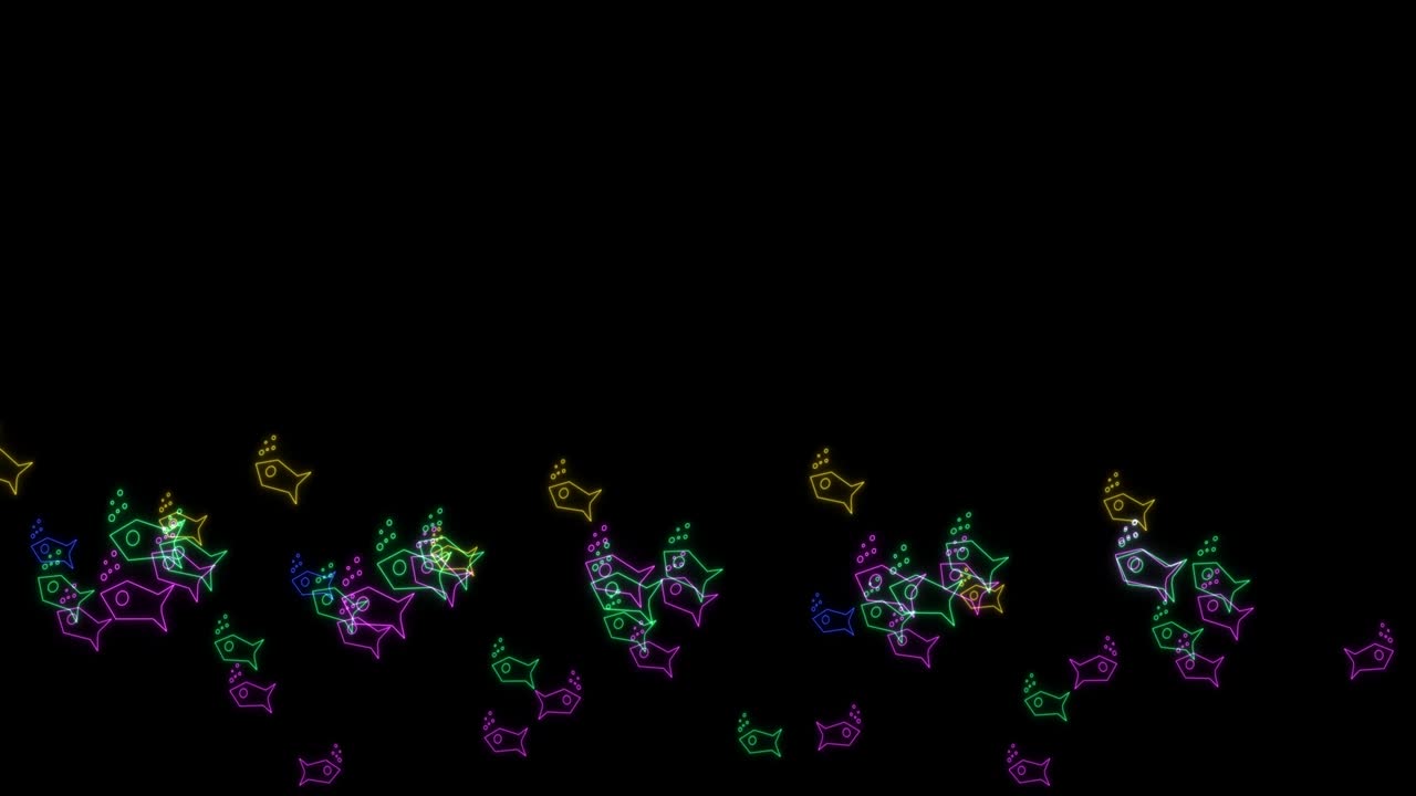Rainbow colorful hundred fish slow dancing on corner black screen