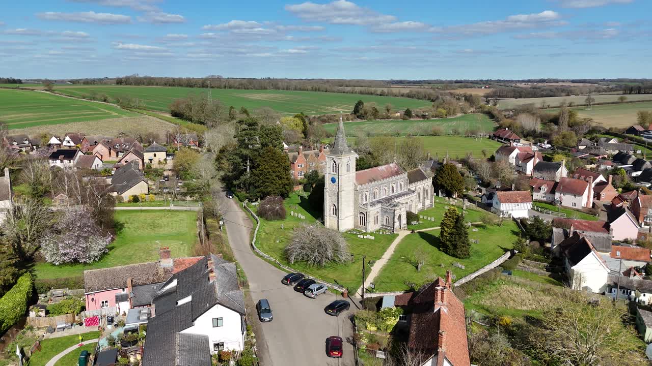 St Nicholas Church Rattlesden Suffolk UK drone, aerial panning shot