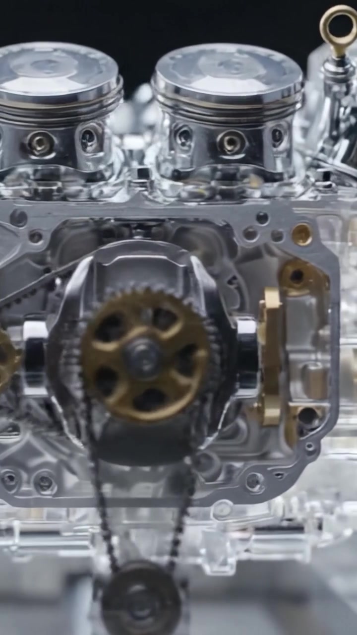 Esame dettagliato di un modello di motore trasparente che mostra la meccanica interna, gli ingranaggi e la disposizione dei pistoni per approfondimenti educativi