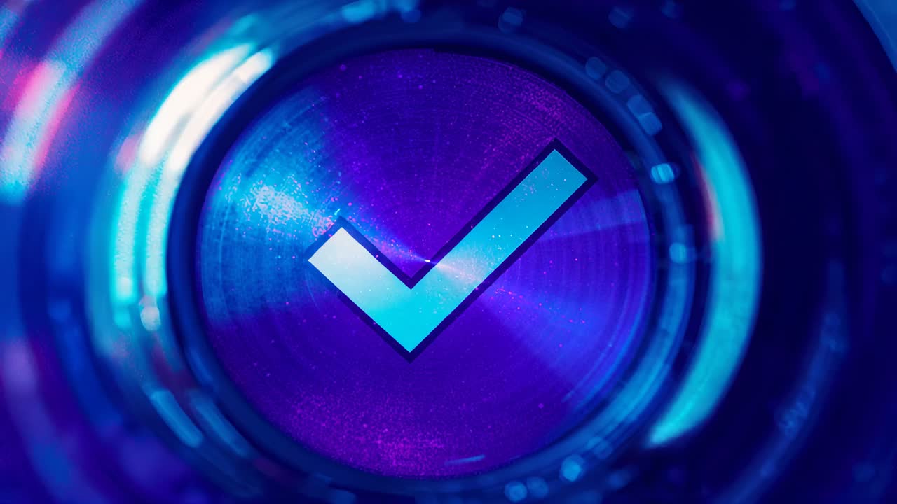 Animation starting, rings rotating around white check mark on purple disc, signaling confirmation