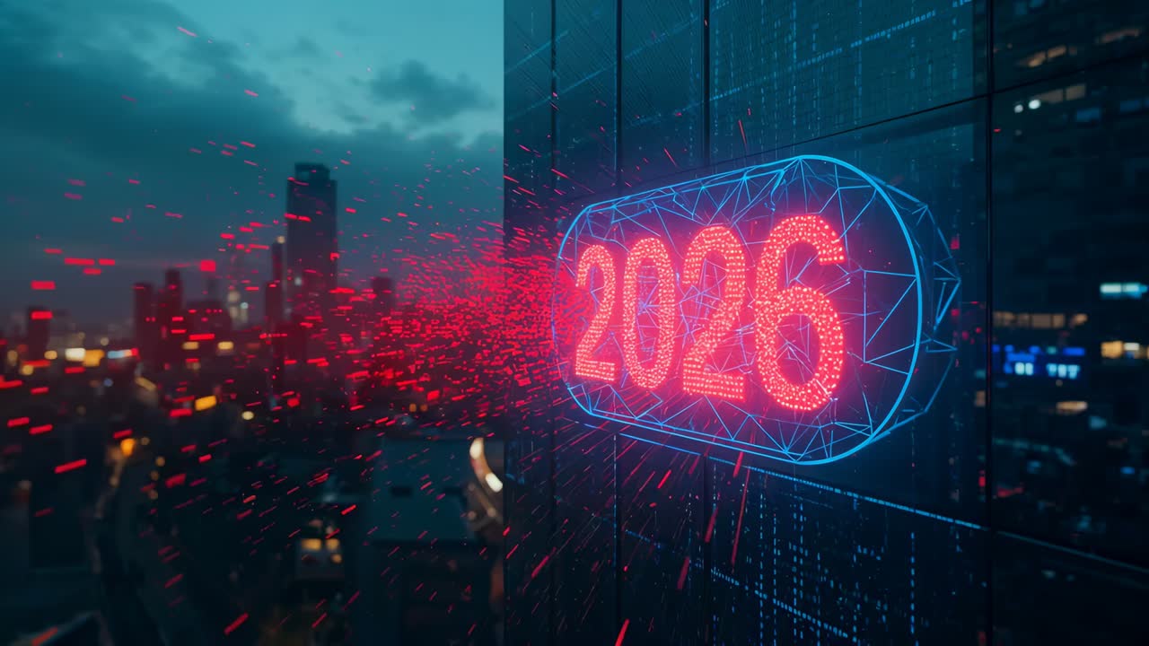 Streaming red motes converging into glowing holo 2026 with blue frame on glass facade, copy space