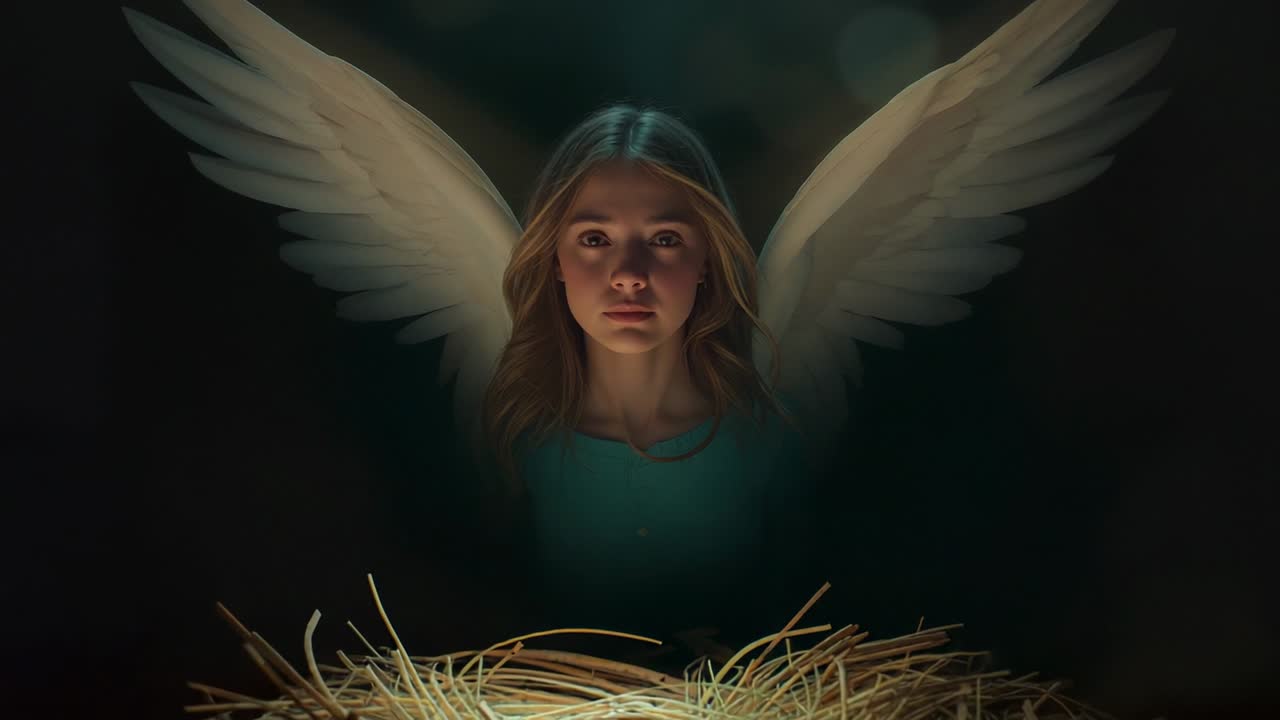 Receiving glow, angelic figure wearing teal robe lifting head on stage, with straw nest and wings