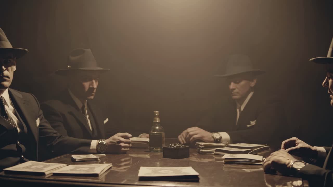 Vintage video scene with men in suits and hats around a table, dimly lit with a smoky atmosphere