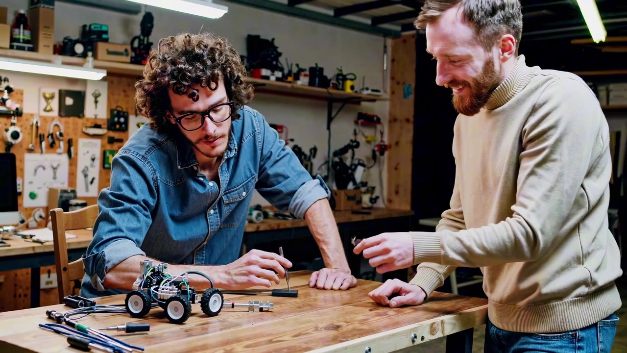 To mænd samarbejder om et lille robotprojekt på et værksted