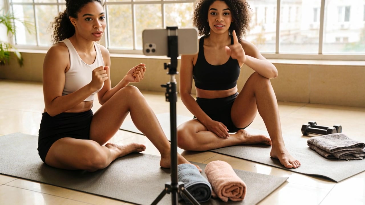 Phone starting recording two hosts in studio sportswear gesturing then clapping on mats by tripod