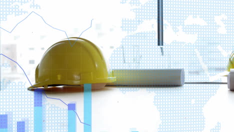 animation of statistics and data processing over hard hat and plans in office