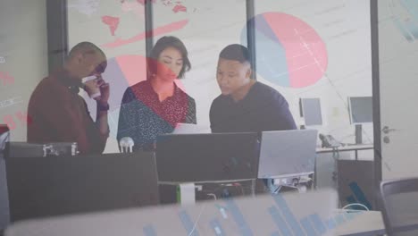animation of statistical data processing over diverse colleagues discussing over documents at office