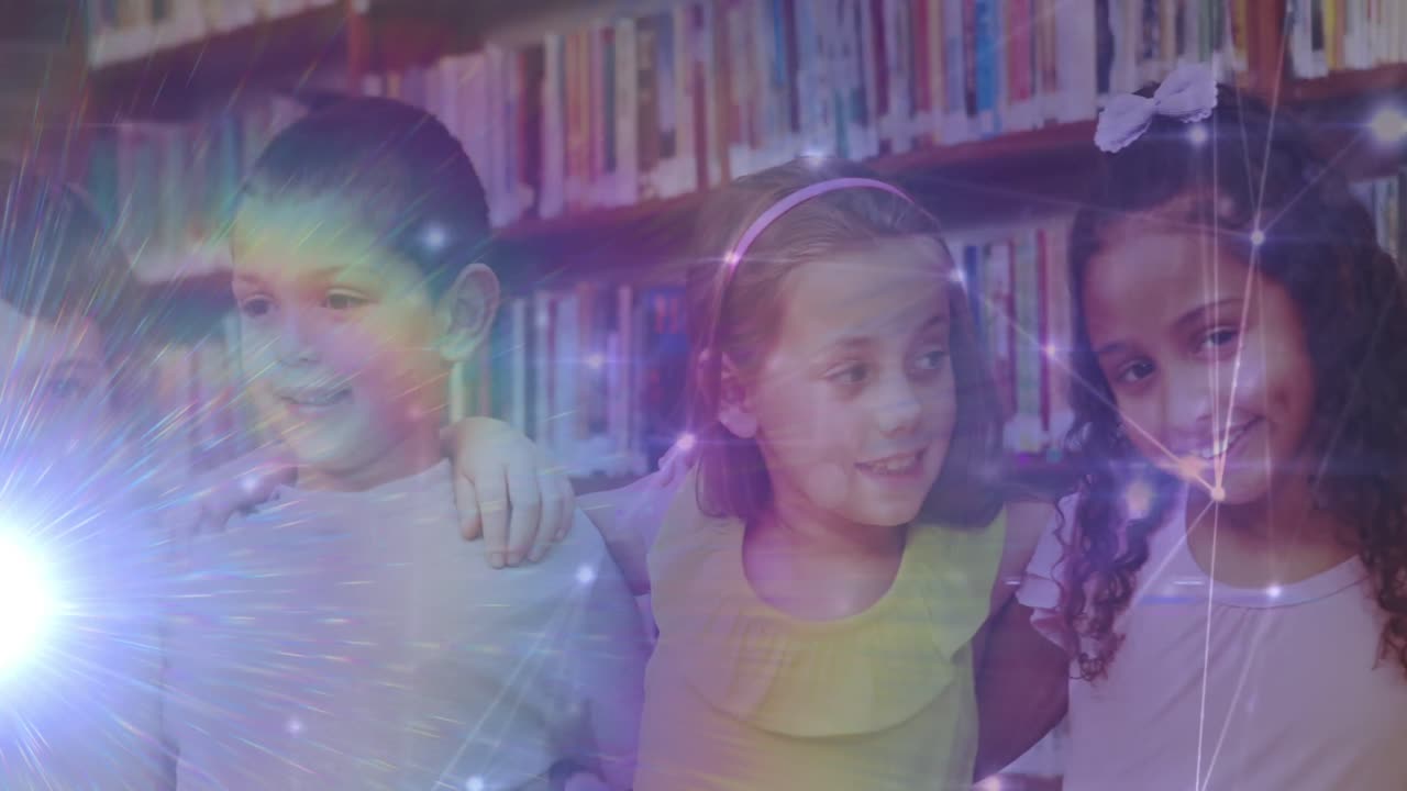 animación de senderos de luz y red de conexiones entre diversos escolares