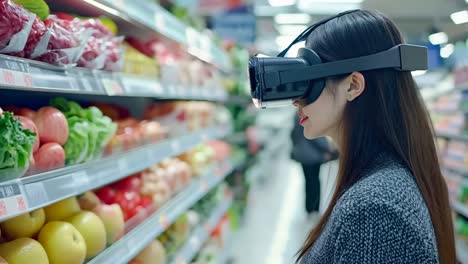 a woman wearing a virtual reality headset in a grocery store