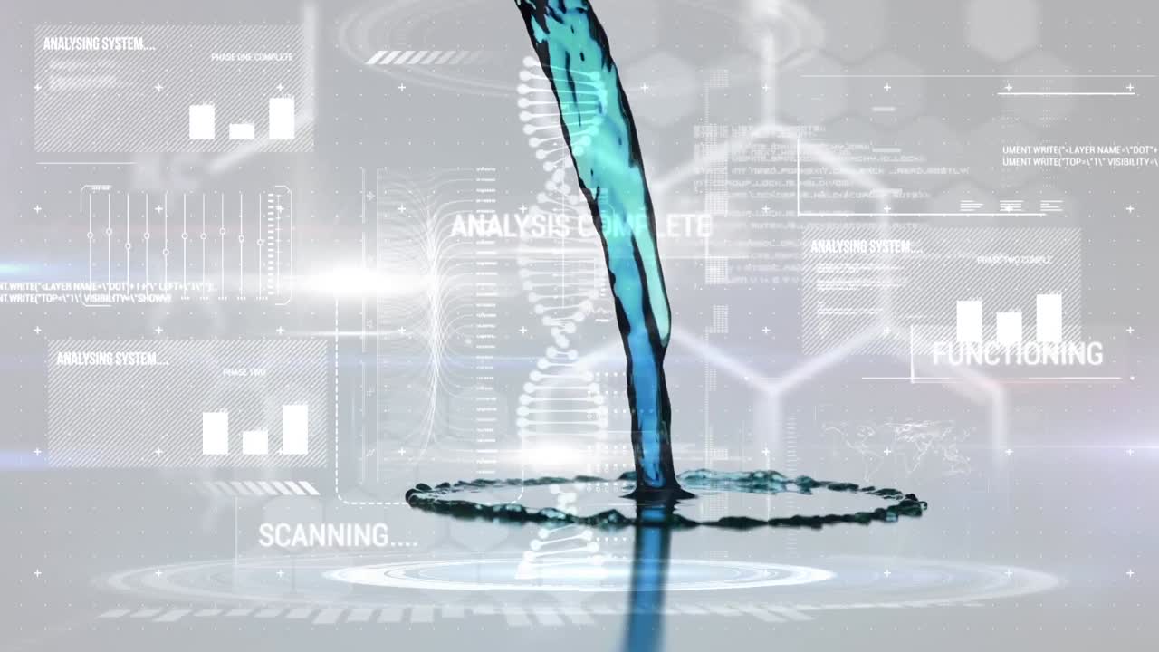 dna 가닥의 애니메이션과 파란색 액체 위의 데이터 처리