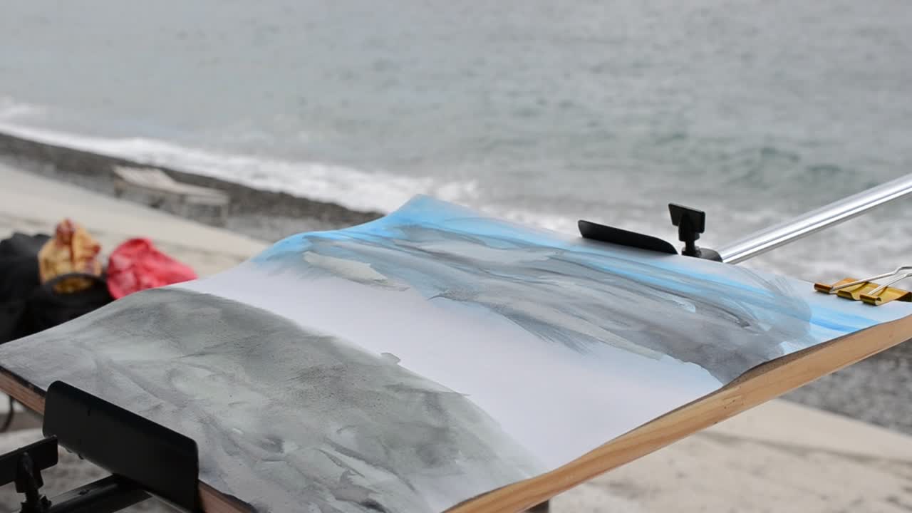水彩画、海を描く