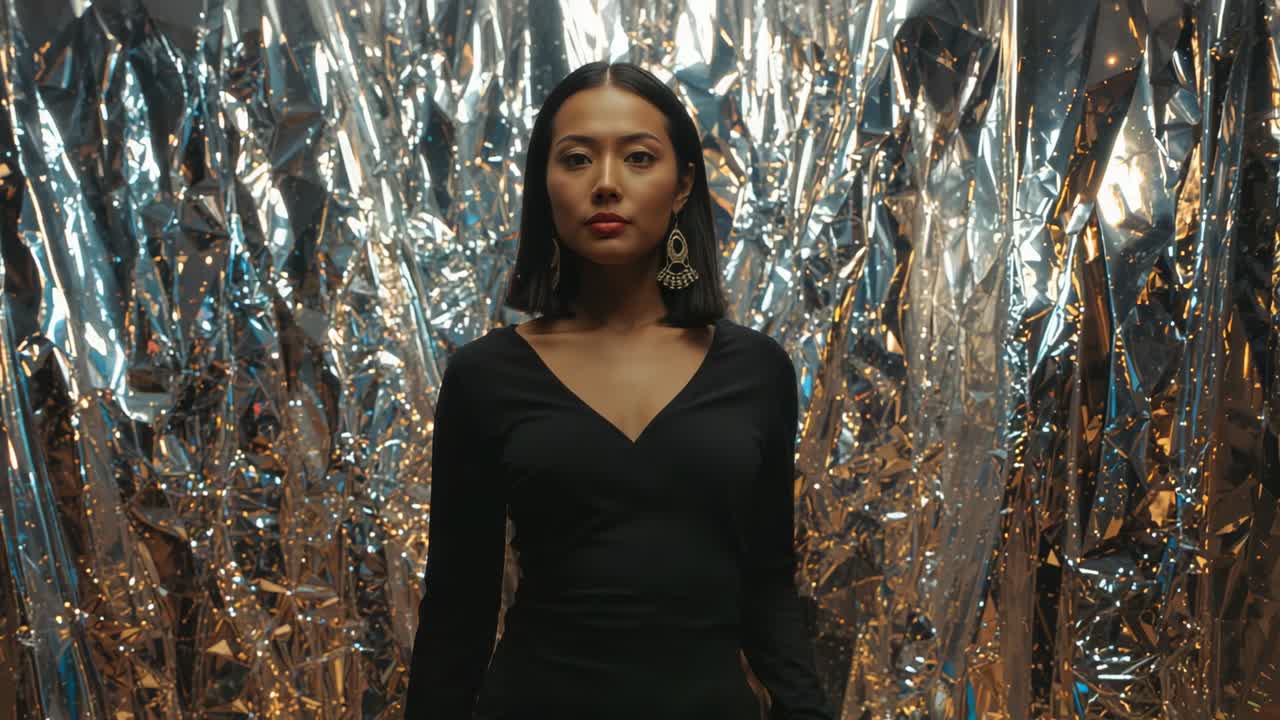 Camera zooming in on Asian model standing against foil backdrop in studio, revealing earrings
