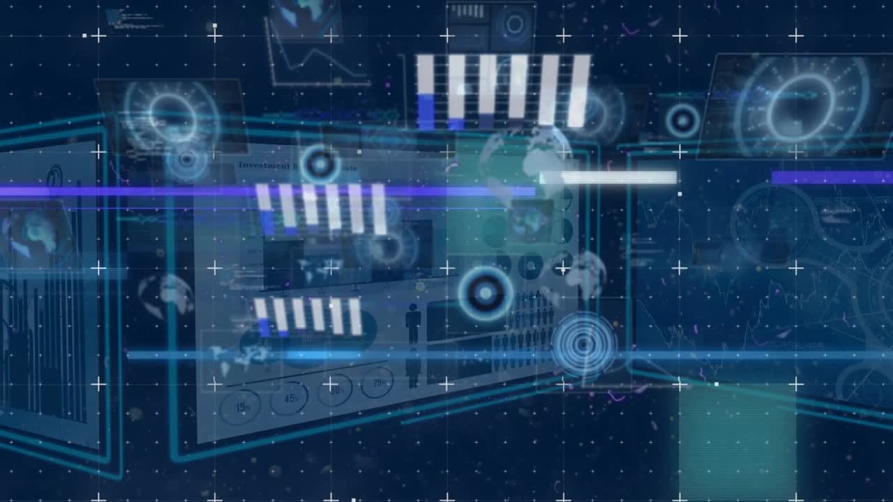 Animation of network of connections with icons and data processing over screen