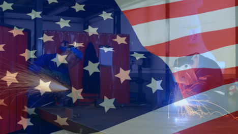 animation of american flag waving over man in the background