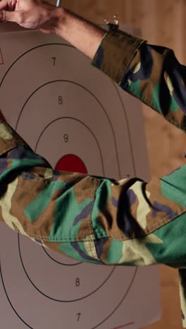 vertical video man in firing range shooting targets with pistol, wearing earmuffs