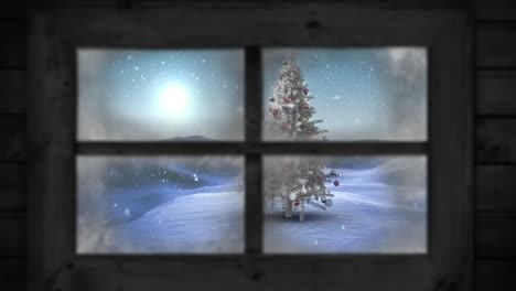 Wooden-window-frame-against-snow-falling-over-christmas-tree-on-winter-landscape