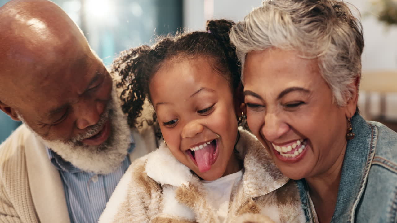 A heartwarming moment between a child and their grandparents, filled with love and laughter