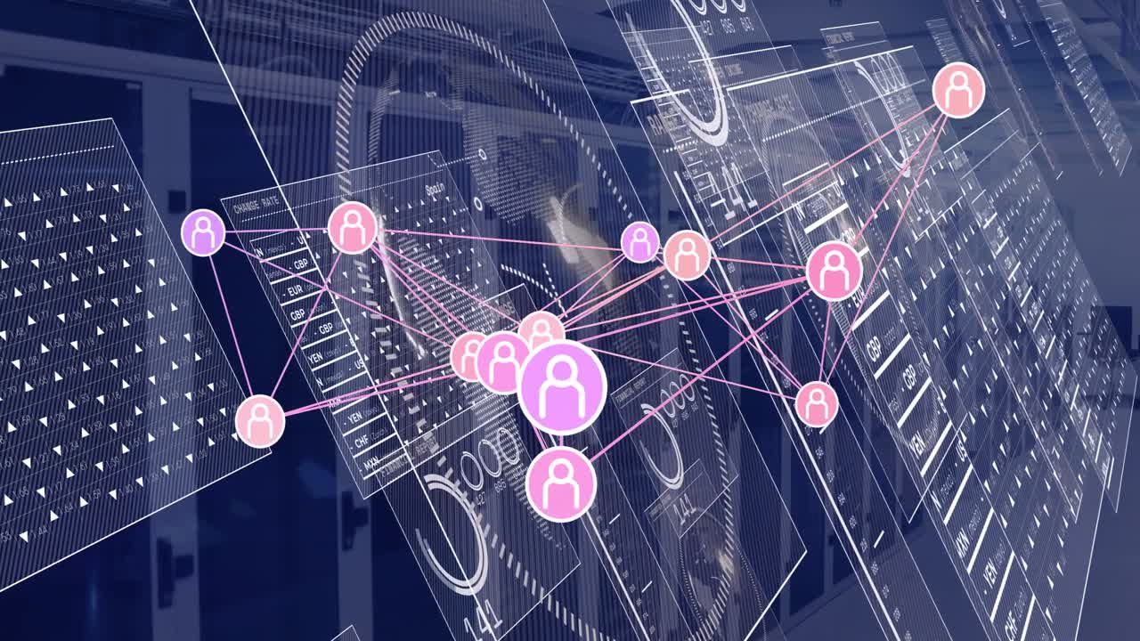 Vertical video: Animated network appearing over racks, HUD sliding, nodes pulsing to show metrics