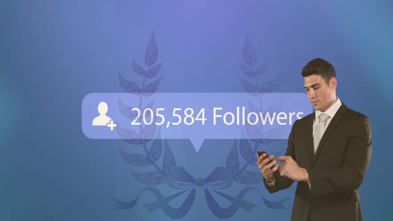 Animation of caucasian businessman checking number of followers on phone over logo, blue background
