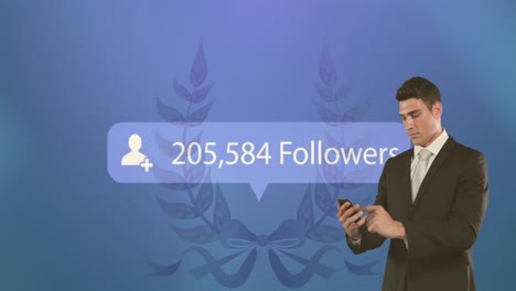 animation of caucasian businessman checking number of followers on phone over logo, blue background