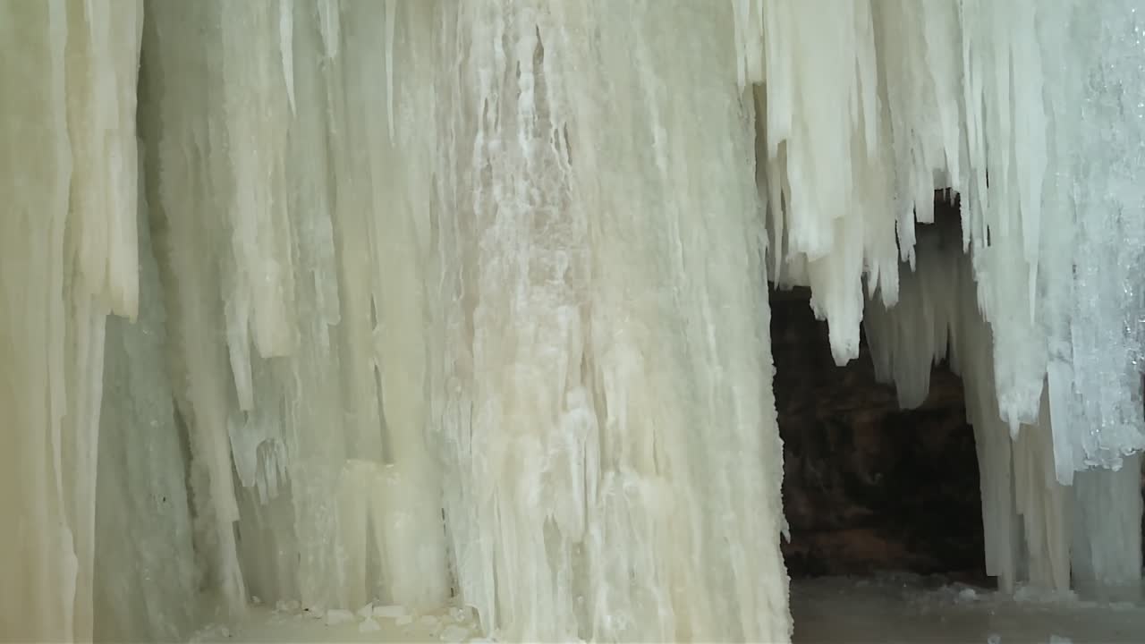 Closeup Of Ice At Eben Ice Caves In Hiawatha National Forest, Michigan, USA. - pan shot