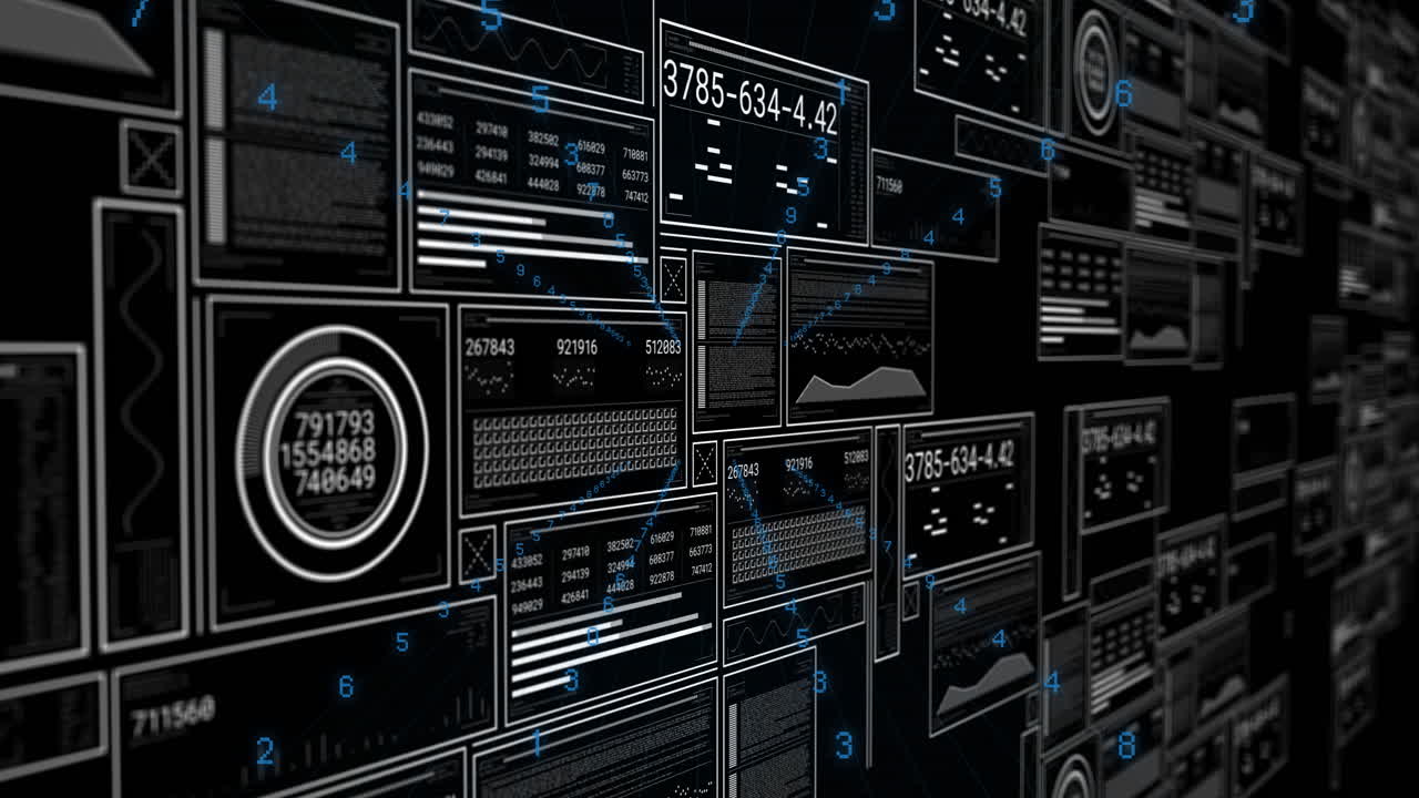 Displaying digital data, animation of futuristic interface with numbers and graphs