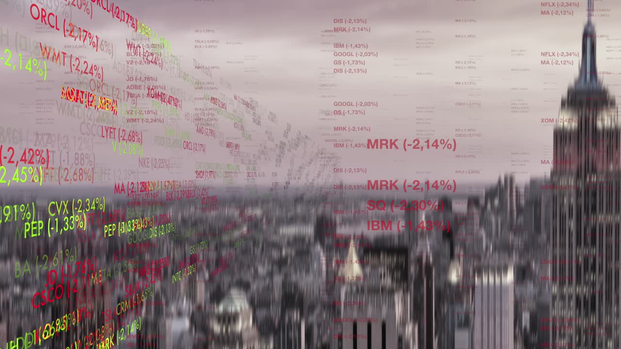 Stock prices falling over New York skyline in economic crisis