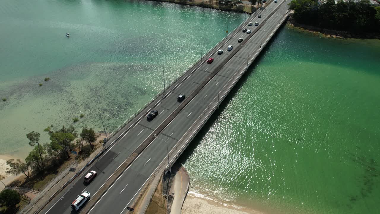 Tallebudgera Creek Bridge With Driving Vehicles In Queensland, Australia - Aerial Drone Shot
