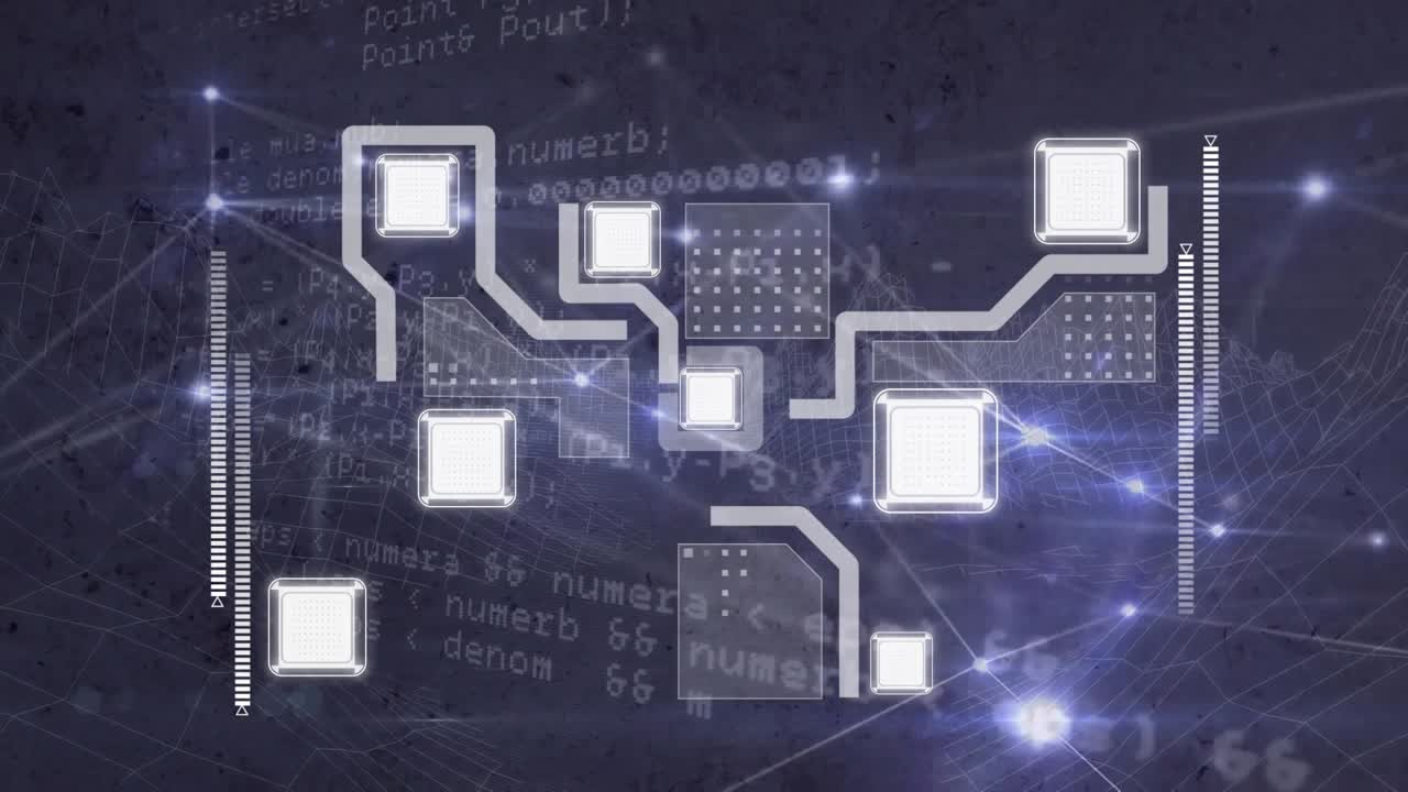 Animation of glowing network of connections and data processing against blue background