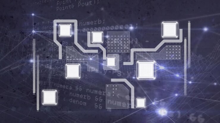 Animation of glowing network of connections and data processing against blue background
