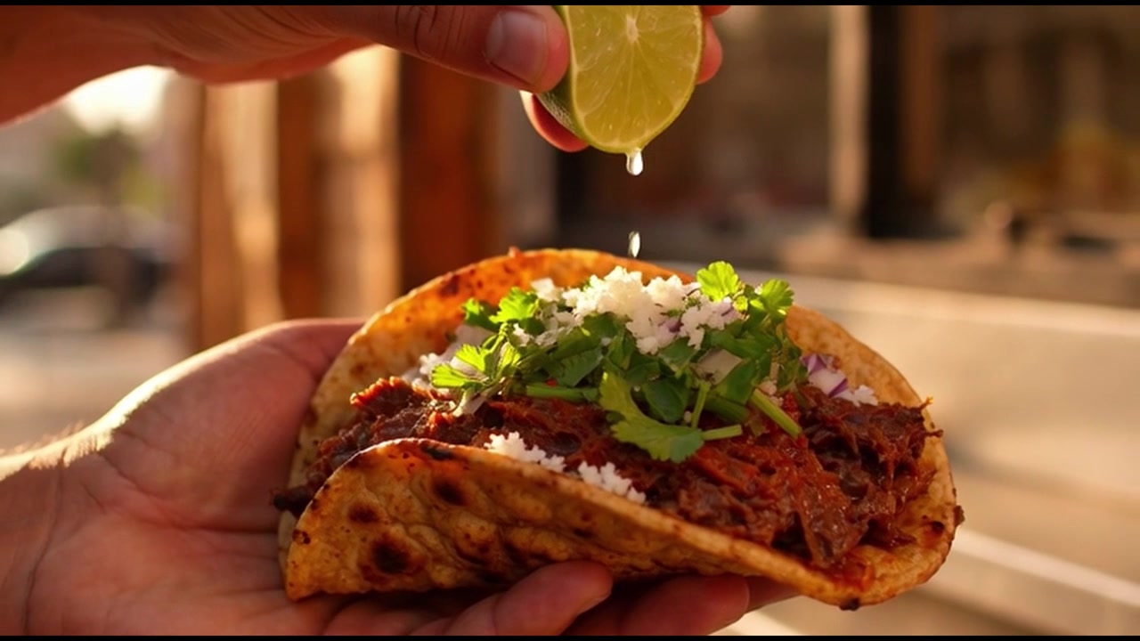 Mano che Spreme Succo di Lime Fresco su un Taco di Manzo
