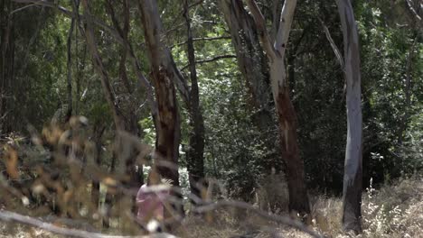 Outdoor-nature-blonde-woman-running-in-nature-pink-top