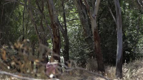 naturaleza al aire libre mujer rubia corriendo en la naturaleza top rosa