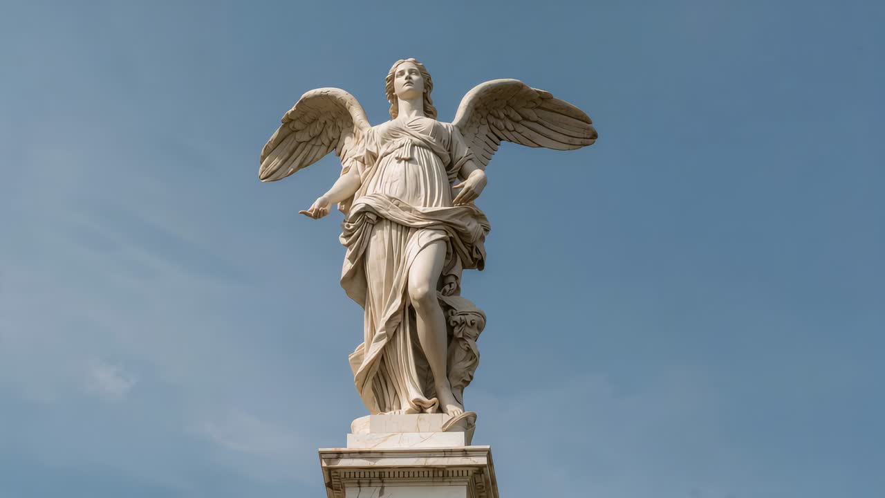 Allontanamento della camera che rivela una statua di un angelo di pietra in veste nel cielo mentre le nuvole si spostano, mostrando le ali