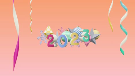 Animation-of-2023-number-over-new-year-and-christmas-decorations-on-pink-background
