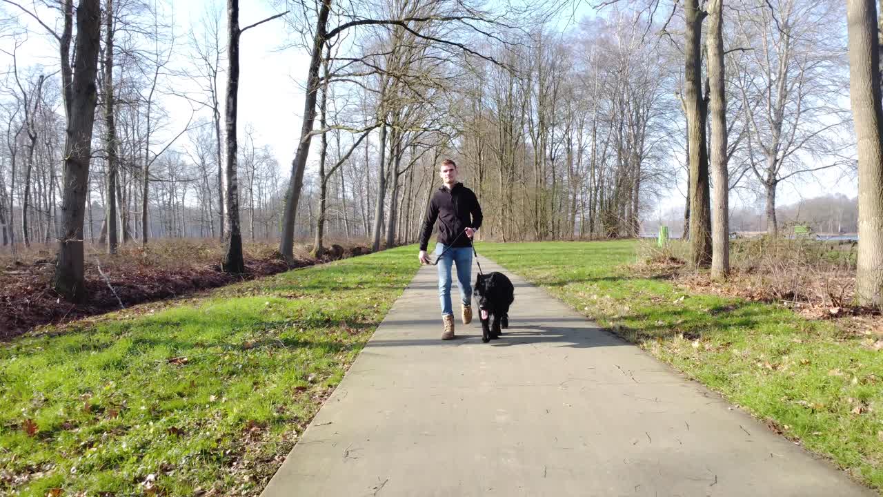 foto de un tipo paseando a su perro mascota afuera en un parque viniendo hacia la cámara