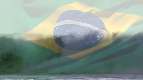 Animación-De-La-Bandera-De-Brasil-Ondeando-Sobre-La-Soleada-Playa.