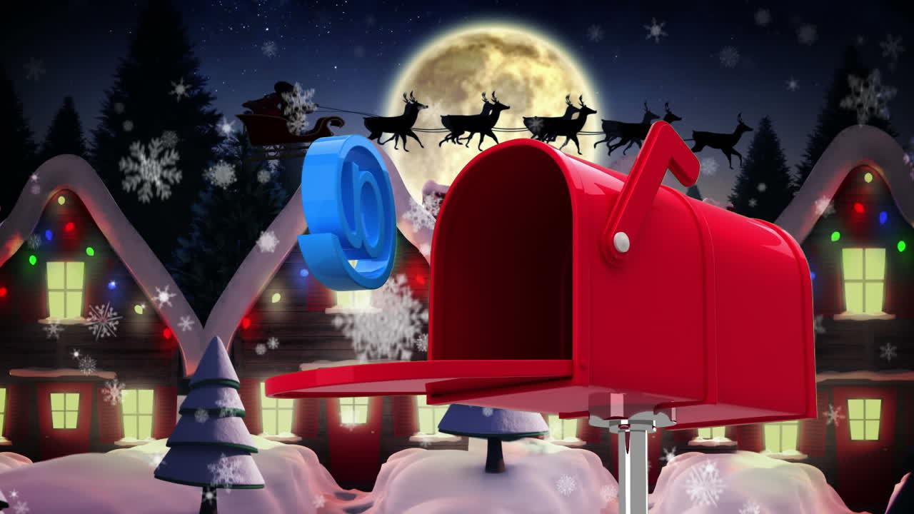 여러 집 위에 떨어지는 눈송이에 대한 빨간 우편함의 표지판이 다가오고 있습니다.