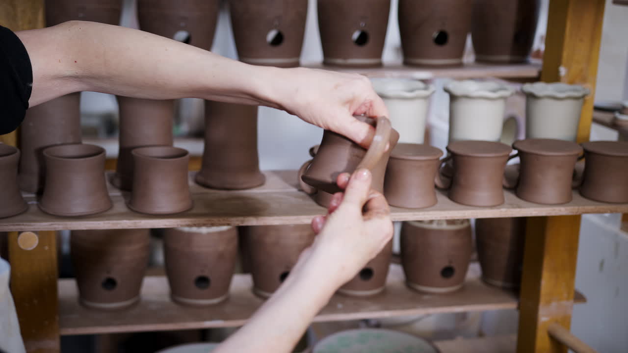 Close Up Of Male Potter Fitting Clay Handles To Mugs In Ceramics Studio
