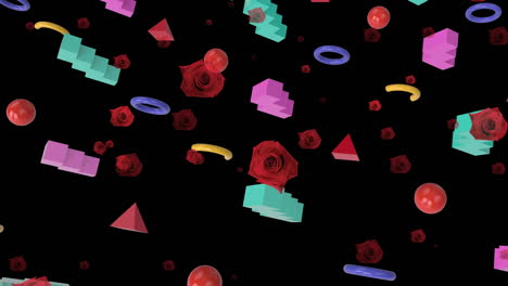 animation of red roses over colorful shapes on black background