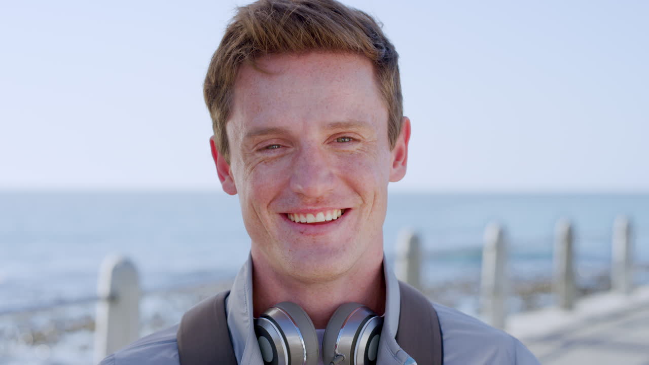 Travel, beach and young man with face