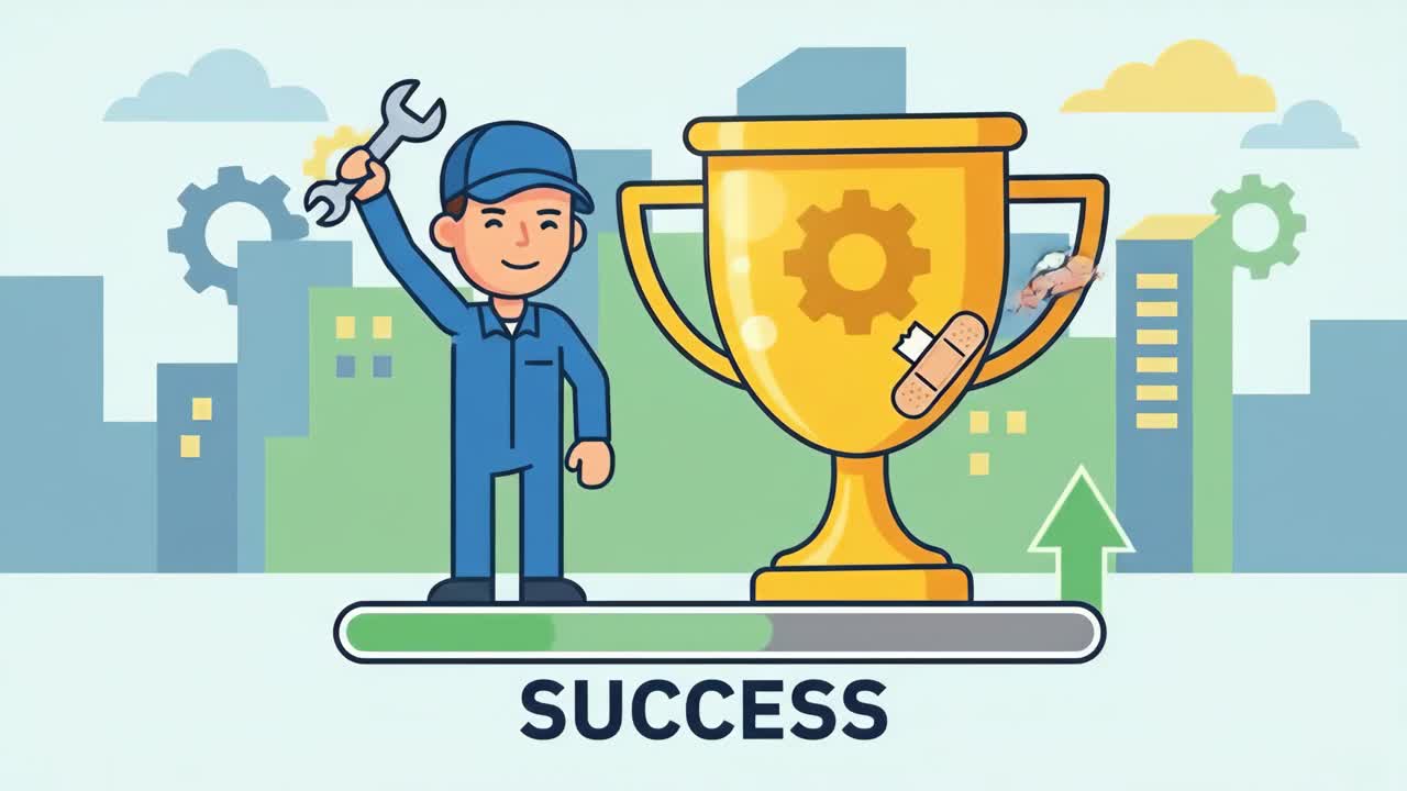 Animated Mechanic Celebrating Success with Trophy and Progress Bar