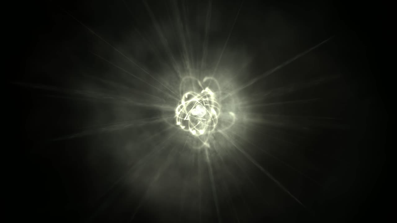 Atomic structure simulation with active electron paths, radiation spikes and cloud emanating from the core.