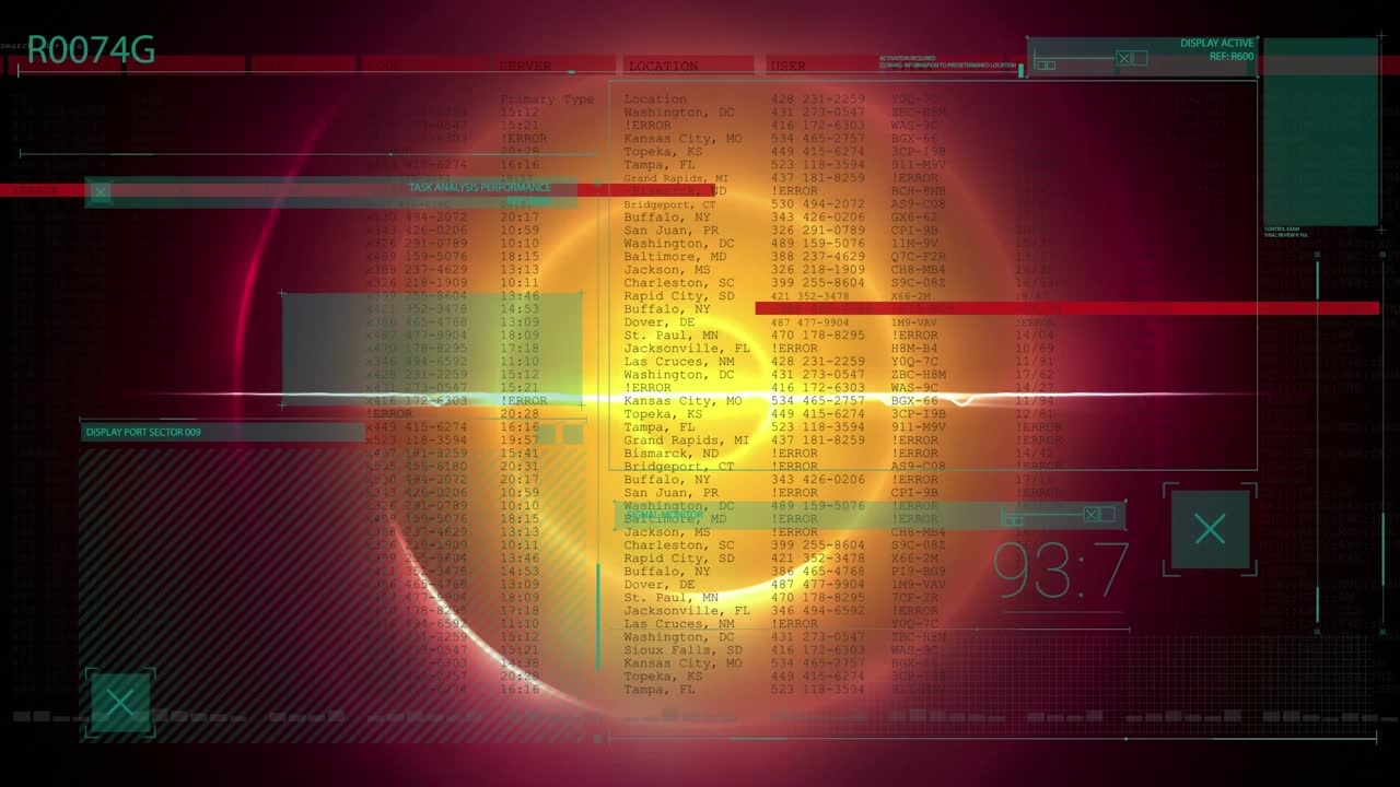 Animation of interface with data processing against yellow and pink light trails in circular motion