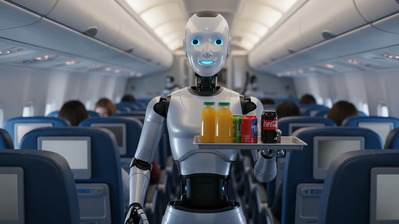 A Friendly Robot Serving Beverages in an Airplane Cabin, Showcasing the Integration of Technology and Hospitality in Modern Aviation Travel Experiences