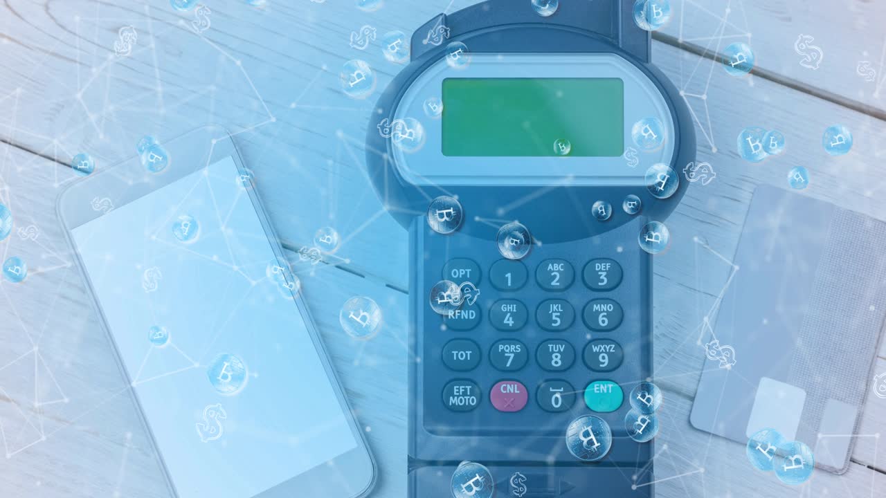 Animation of bitcoins over smartphone and payment terminal
